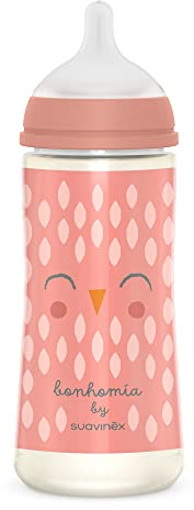 Suavinex, Biberon da 360 ml, Premium con Tettarella Simmetrica in Silicone SX Pro, con valvola Anticolica, a flusso denso, Per bambini +6 mesi, Bonhomia, Rosa
