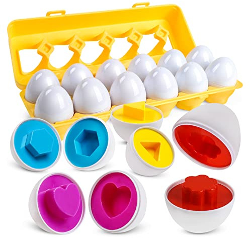 WANTKA Matching Eggs Color and Shape Recoginition Sorter Puzzle Easter Eggs Sensory Toys Early Learning Educational Fine Motor Skill Montessori Geometric Eggs for Toddlers Boys Girls (12 Shape Eggs)