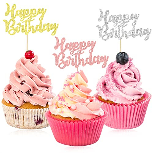 24 adornos para cupcakes de feliz cumpleaños, adornos para cupcakes con purpurina, para celebrar cumpleaños, púas para cupcakes para celebrar el feliz cumpleaños, suministros (3 colores)