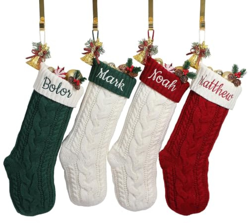 Infiher Weihnachtsstrumpf Personalisiert 46cm Gestrickte Nikolausstrumpf mit Bestickte Namen,Christmas Stocking Familie Weihnachtssocken zum aufhängen für Kamin,Home Decoration(A-2Pack)