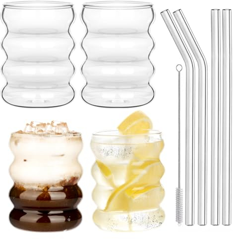 Withosent 300ml Vasos de Cristal Agua con Pajita, 4pcs Vasos de Cristal Ondulados Estilo Vintage, Juego de Vasos Agua para Café, Yogur, Soda, Cocktail, Cerveza, Batidos, Whisky