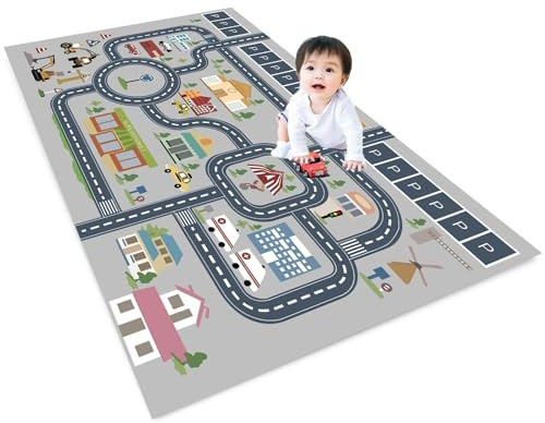 AXHMZYD Autoteppich Kinder spielteppich straße Junge,kinderteppich Jungen & Mädchen straßenteppich kinderzimmer groß,Bauteppich Stadtstadt Fahrzeug Spielmatte Lernbereich Teppiche,grau,Grün 120x180cm