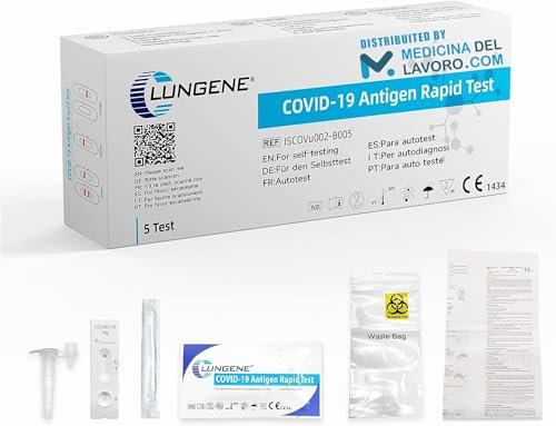 CLUNGENE – 5 x Tamponi Covid 19 Rapido 2025 Nasale, Kit Rapido Tampone per l'Antigene SARS-COV-2, Validato Nuove Varianti 2025. Sensibilità 100% a carica virale alta, 5 TEST