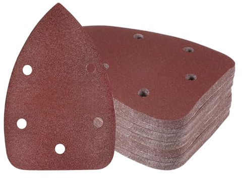Kozelo 60 Piezas Papel de Lija para Lijadora de Ratón - [150 Granos 3.5 X 5.5] Triángulo con Cierre de Gancho y Bucle para Muebles de Madera | 5 Orificios Óxido de Aluminio