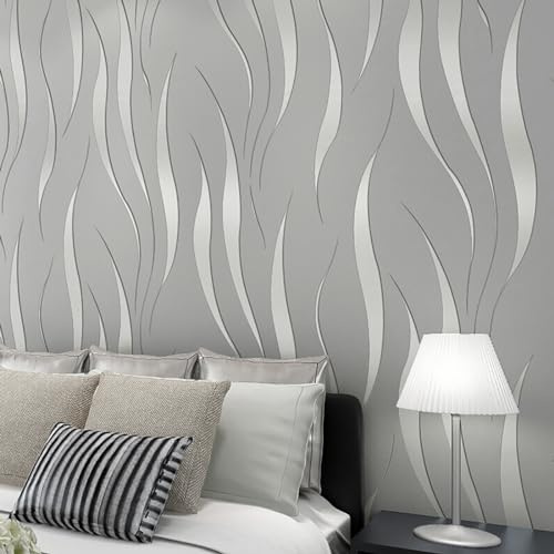 Sleeleece Minimalistische Vliestapete mit Wasserpflanzen Muster,Wallpaper Moderne 3D Wellen Geprägte Tapete Wanddekoration in Wohnzimmer Schlafzimmer und Büro 0,53m x 9.5m
