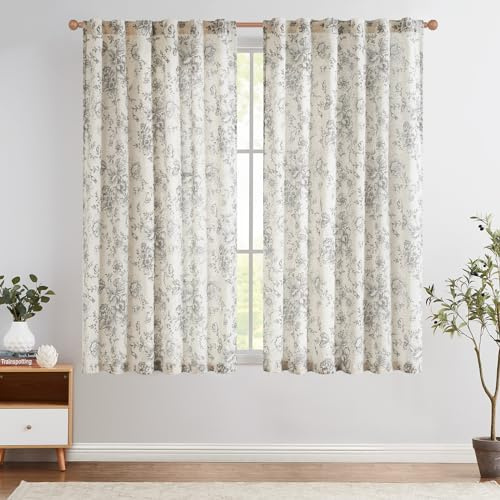 TOPICK Leinen Gardinen Floral Vorhänge mit verdeckten Schlaufen Lichtdurchlässig Bauernhaus Lang Gardinen Fensterschal für Wohnzimmer Schlafzimmer Fenster,2er Set 140 B x 175 H (cm),Grau auf Beige