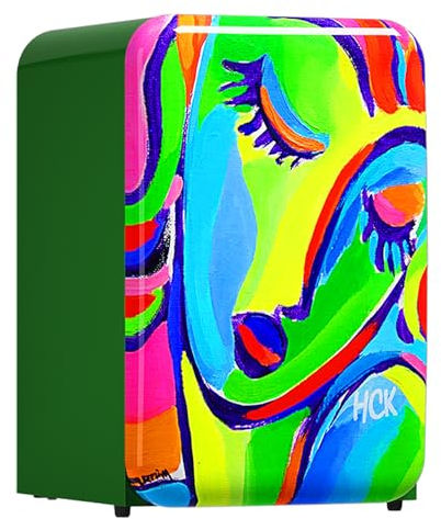 HCK Réfrigérateur-Congélateur Rétro de 107 Litres, Réfrigérateur Compact Autonome avec Peinture Artistique, Thermostat Réglable : Réfrigérateur de 0 à 10°C et Congélateur Supérieur de -25 à -15°C pour