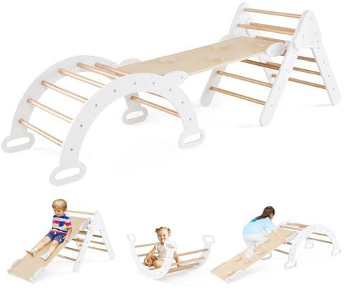 FANTASK 4 in 1 Klettergerüst mit rutsche, Kletterdreieck Holz inkl. doppelseitige Rampe & Kletterboge & Wippen, Sprossendreieck Spielplatz für Kinder ab 1 Jahr