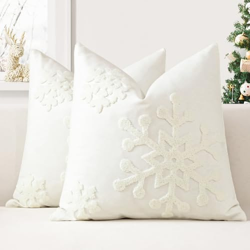 JOTOM Set di 2 Federe de Cuscini 50x50 cm Decorativi Natalizi Invernali a Fiocco di Neve Copricuscini Ricamati Fodere Cuscini Fodere per Vacanze Decor Morbide per Divano Camera da Letto (Crema Bianco)