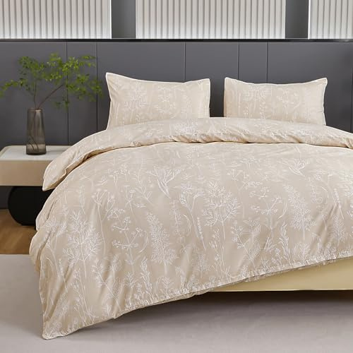 Jemiipee Bettwäsche 140x200 cm Beige, Bettwäsche-Set mit Blumenmuster, Bettbezug 140 x 200 Kissenbezug 65x65, Deckenbezug Wendebettwäsche Weich mit Reißverschluss