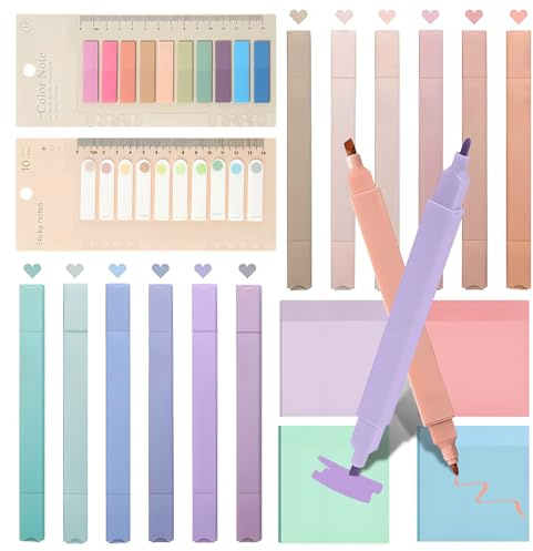 OEEYYT 12 Stück Textmarker Pastell Highlighter Pen Dual Tip Writable, mit 400 Blatt Index Tabs und 200 Blatt Transparente Haftnotizen, for Bibel Marker Book Annotating Tabs School Supplies Bürobedarf
