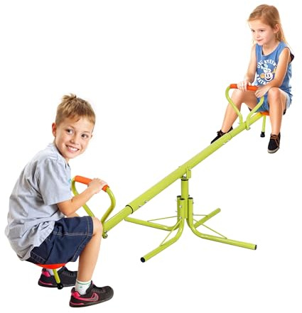 SUPER DEAL Teeter Totter Kids Seesaw, Outdoor Backyard Equipment 360 Degrees Rotate All Steel Extendable Tubes for Toddlers Children Playground, Green and Orange, 2 Seat
