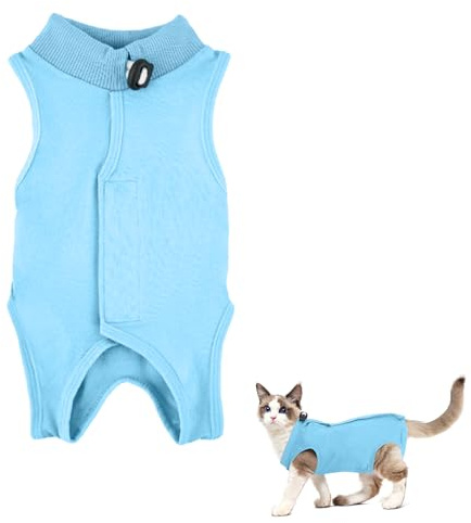 Amexo Traje de Recuperación para Gatos Traje de Después de la Operación para Perros Gatos E-Collar Alternativa para Heridas Abdominales Pijama Antilamidas para Mascotas Después de la Cirugía (Azul, S)