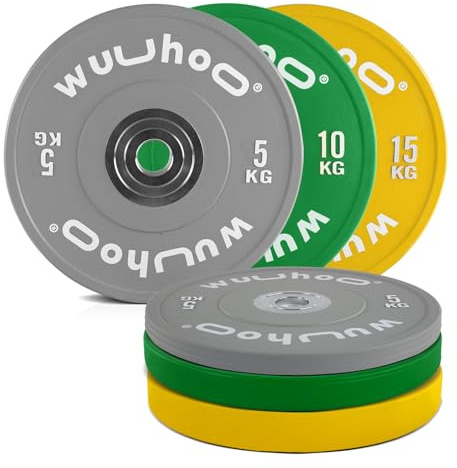 wuuhoo® Pro Competition Bumper Plates Zane – Hochwertige 50mm Gewichtsscheiben | professionelles Training | Vulkanisierte Stahlbuchse 60kg Set (2 x 5kg + 2 x 10kg + 2 x 15kg)