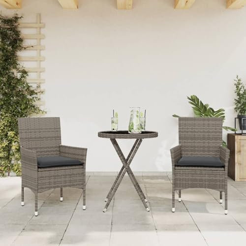 Brokky 3-TLG. Bistro-Set mit Kissen Sitzgruppe Balkon BalkonmöBel Balkontisch Set BistromöBel Grau Poly Rattan und Glas / 3278750