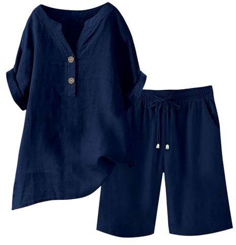 Keepink Summer Co Ord Sets for Women Cotton Linen Set 2 Piece Outfits Short Sleeve Button Down Henley Top and Wide Leg Shorts Set Oversized Tracksuits Elegant Travel Loungewear