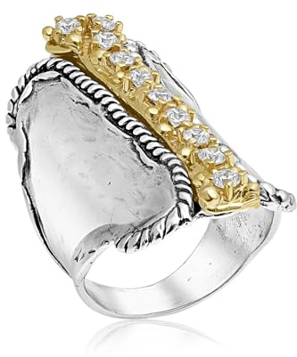 JEAN RACHEL JEWELRY Bague Bouclier Bicolore pour Femme - Design Vintage Torsadé et Perlé avec Zirconium - Argent Sterling 925 et Or 14K sur Argent - Bague Large, Hypoallergénique, 9