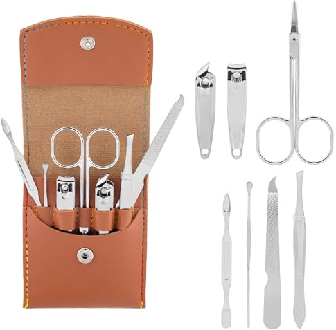 Set Manicure da Viaggio in Acciaio Inossidabile – 7 Pezzi Compatto con Custodia Elegante – Kit Cura Unghie Uomo Donna – Ideale per Viaggio e Uso Quotidiano
