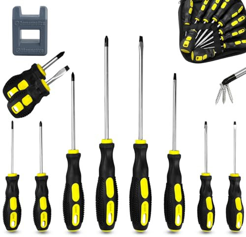 ZBXSNK 10Pcs Screwdriver Set 5 Size Heavy Duty Chrome Vanadium Steel Magnetic Screwdriver with 5 Cross& 5 Flat Head Soft Non-Slip Grip Hand Tools (10 PCS Screwdriver)