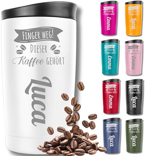 KUINEA Thermobecher personalisiert mit Namensgravur – Kaffeebecher To Go aus Edelstahl, 350 ml, 100% auslaufsicher – Weiß