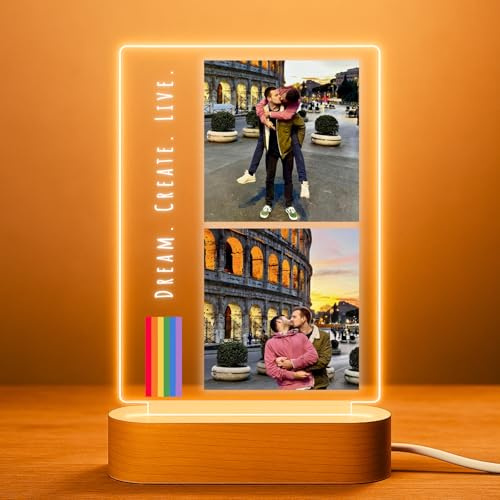 Cristal Plaque Lámpara LGBT 2 Fotos y Dedicatoria | Placa Metacrilato Luz LED Base Madera | Regalo Pride LGTBI Pareja Aniversario Cumpleaños Especiales | Orgullo Personalizado
