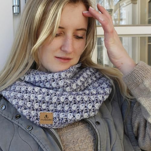myboshi Häkelset Loop Cloud für Anfänger, inkl. Garn, Häkelnadel, Wollnadeln, Anleitung, Label, 76% Baumwolle, 22% Baby Alpaka, 2% Merino Blau mit Häkelnadel