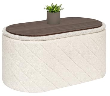 Bonlife Oval Ottoman with Storage Bench, Folding Foot Rest with Lid, Boucle End of Bed Bench,Foostool for Living Room,Bedroom,Entryway,White,76x38x38cm