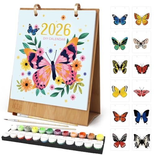 Calendrier 3D 2026, peinture par numéros, calendrier de table DIY avec 12 plantes florales, avec pinceau, idéal pour la décoration/cadeaux (papillon)