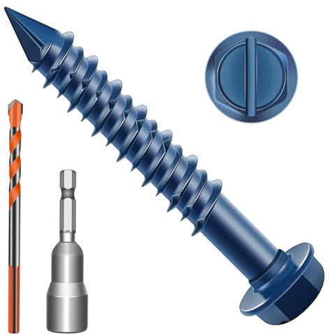 Zynthor 6.5 x 83mm Concrete Screws, 50 Pcs Blue Hex Washer Head Concrete Screws Anchor Kit with Drill Bit and Hex Bit Socket, for Masonry, Cement, Block, Brick or Stucco