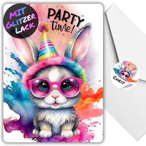 celebr8te 12x Party Hase Glitzer Einladungskarten - Teenager Kindergeburtstag Jungen & Mädchen - coole Tier Geburtstagseinladungen +12 Umschläge +12 Sticker