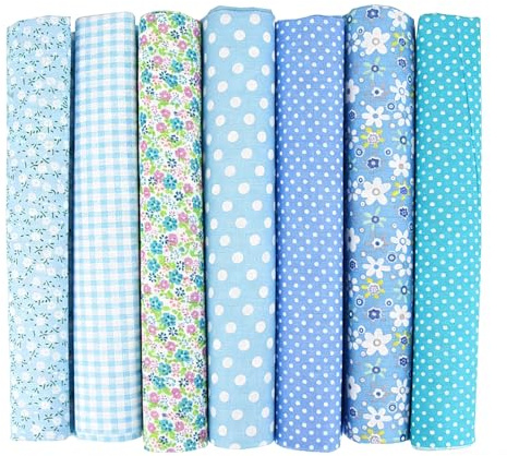 Raheem 7 Stück 50×50 cm Baumwollstoff Patchwork Set Florale, karierte, gepunktete, Pflanzenmuster, Handarbeitsstoff, Nähstoff, Ideal für Nähen, Quilten, Basteln, Puppenkleidung, Home Decor (Blau)
