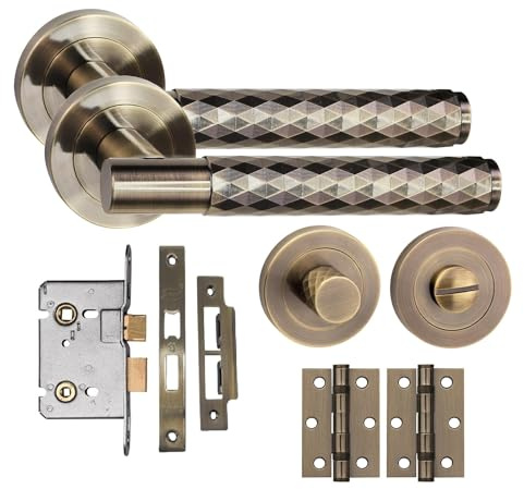 Golden Grace Knurled T-Bar Bathroom Door Handle Set, Antique Brass | Includes spindle and screws for setup, with diamond-cut knurling on a 52mm round rose to add modern style.