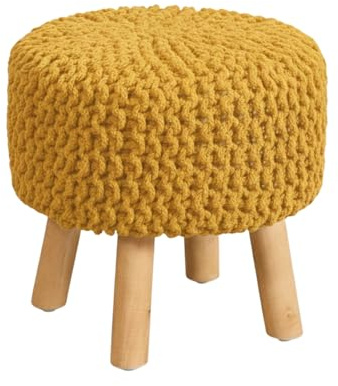 Dazzle Collection Knitted Round Ottoman Footstool with Wooden Legs 100% Cotton Knitted Pouffe Foot Rest Stool, Padded Seat, Non-Slip Base for Living Room, Bedroom & Lounge Furniture (Mustard)