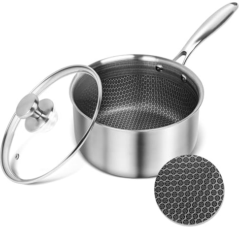 16cm Non Stick Saucepan with Glass Lid, 1.8L 304 Stainless Steel Sauce Pot with Honeycomb Technology, Scratch Resistant, Stay-Cool Handle, Induction Compatible Cooking Pot, PFOA Free