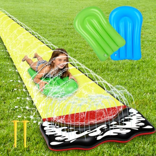LYPPUL Tobogán acuático para jardín para niños, 480 x 71 cm, alfombrilla antideslizante con 2 tablas de bodyboards, tobogán acuático para niños al aire libre, juguete de agua de verano para jardines
