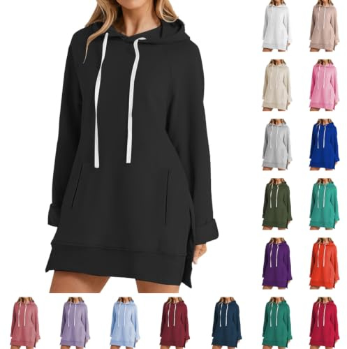 Générique Sweat Long à Capuche Femme Chic et Élégant Cordon de Serrage Manche Longues Sweats Tunique avec Poches Ample Unie Fendu Sur Les Côtés Oversize Pullover Automne Hiver Chaud Hoodie Jogging Gym