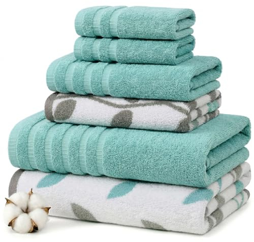 Modern Threads Natural Vine 6-Piece 100% Cotton Towel Set – Yarn Dyed Jacquard – Includes 2 Bath Towels, 2 Hand Towels, 2 Washcloths – Absorbent, Quick Dry, Soft & Durable – Aqua