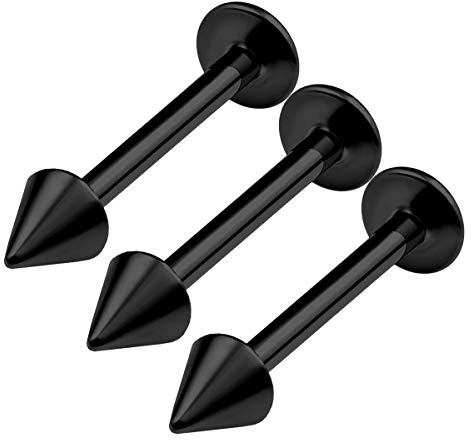 KJM FASHION Lot de 3 bagues de labret en acier chirurgical noir 16 jauge avec pointe de 3 mm pour tragus - Piercing vertical pour lèvre - Choisissez les tailles, Acier allié