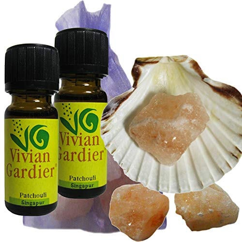 Patchouli ätherisches Öl naturrein 2 x 10ml aus kontrolliertem Anbau. 7 teiliges Aromatherapie Duft Set mit Muschel + 3 Salz Kristalle zum Beduften + Säckchen. 50054