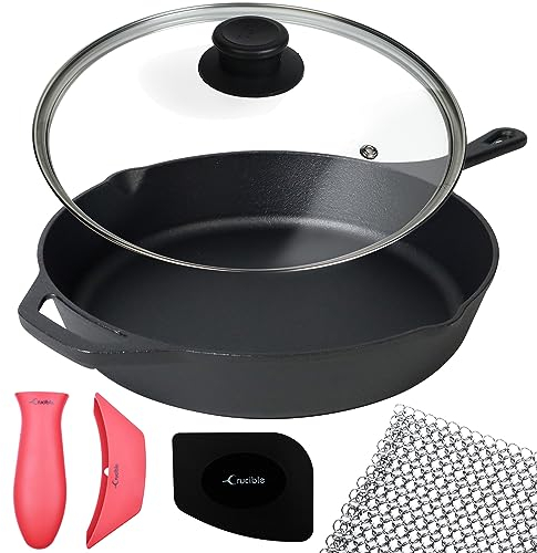 10.25-Inch Cast Iron Skillet Set (Pre-Seasoned), Including Large & Assist Silicone Hot Handle Holders, Glass Lid, Cast Iron Cleaner Chainmail Scrubber, Scraper | Indoor & Outdoor Use