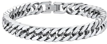ChainsHouse Mens Cuban Bracelet Chain 316L Stainless Steel Punk Double Curb Bracelet 8mm 21cm