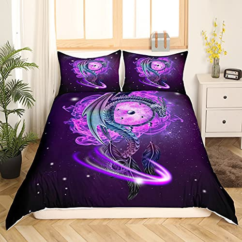 Loussiesd Traumfänger Bettwäsche Set Lila Galaxis Bettbezug Set Drachen Drucken Bettwäsche 135x200cm Boho Feder Dekorativ Betten Set für Mädchen Jungen Kinder Erwachsene mit Reißverschluss