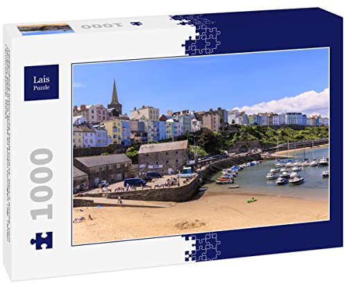 Lais Puzzle Colourful historic town and St Mary's Church, from Harbour Beach, boats on a sunny day, Tenby, Pembrokeshire, Wales 1000 pieces