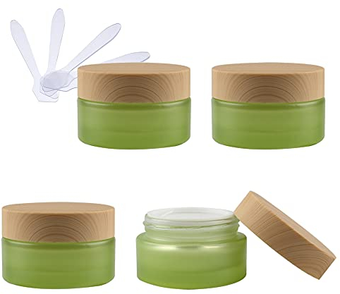 TIANZD 4 Pieces 30ml Empty Green Glass Cosmetic Jars with Screw Lid, 30g Small Containers Storage Pot for Cosmetic Travel Homemade Cream Gel Lip Balm Salve + 4x Spatula