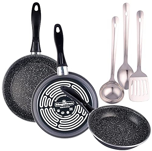 MAGEFESA K2 GranSASSO Pfannen-Set, rund, Durchmesser 18/20 und 24 cm, emaillierter Stahl, Grau, Induktion und Spülmaschine, 3-teiliges Set aus Nylon