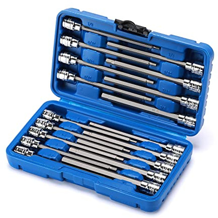 CASOMAN 18 Pieces 3/8 Inch Drive Long Hex Bit Socket Set,1/8-Inch to 3/8-Inch, 3mm to 10mm, SAE&Metric, Extra Long Allen Hex Bit Socket Set, CR-V and S2 Steel