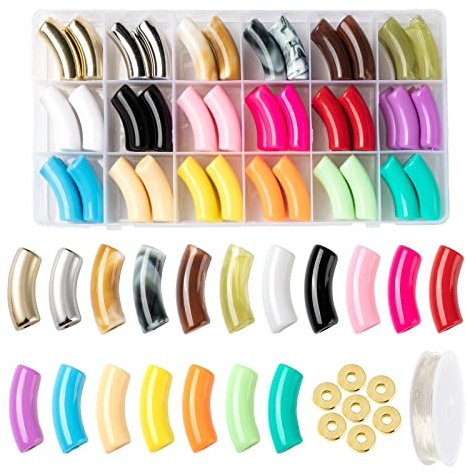 BEEFLYING Acryl Gebogene Röhrenperlen Set Klobige Bambusperlen, 72 Stk A | Röhrenperlen Lose Distanzscheiben für DIY Schmuck Set DIY Armband Armreifen Schmuckherstellung Basteln