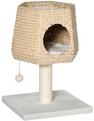 PawHut Árbol Rascador para Gatos Pequeño Altura 66 cm Torre Escalador de Gato con Cueva de Juncos Cama Superior Cojines Poste Rascador de Sisal y Bola Colgante Crema y Natural