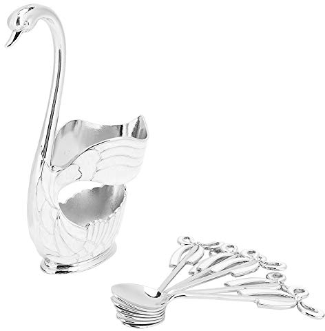 Coffee Dessert Spoon Set, Metal Coffee Spoon Holder Teaspoon Fruit Dessert Flatware Swan Base Holder with 6Pcs Ice Cream Spoons Teaspoons Coffee Dessert Flatware (silver white)