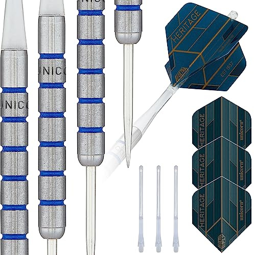 Unicorn Darts-Set mit Stahlspitzen, beliebte und ikonische Dartpfeile von 1976 bis 1988, natürliche 80%, 90% und 95% Wolfram mit lasergeätztem U-Logo, 21 g, 22 g, 23 g, 24 g, 25 g oder 26 g